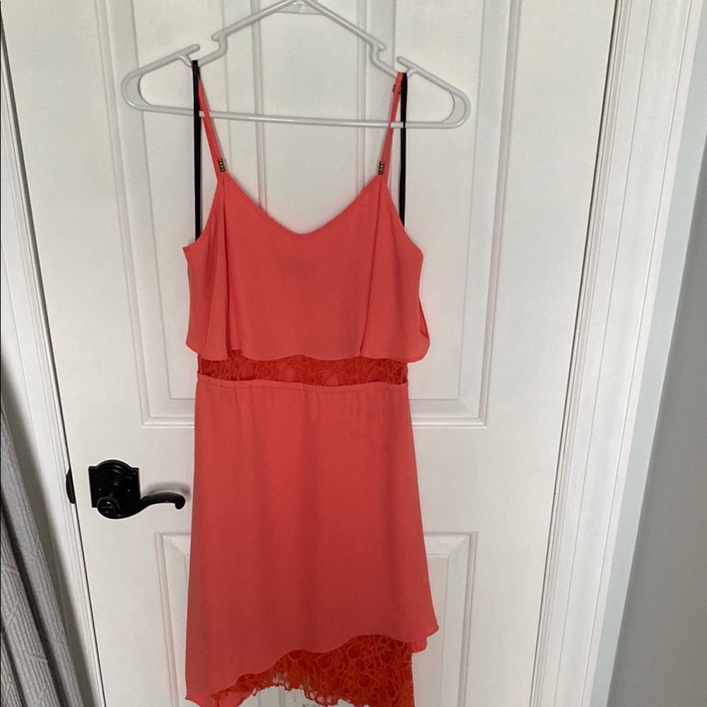 BEBE Coral Sleeveless Dress with Lace Detail